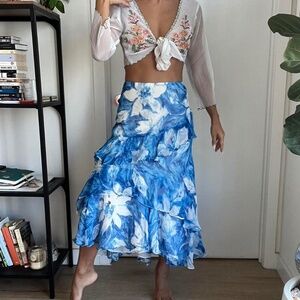Lauren Ralph Lauren floral ruffles silk skirt blue M